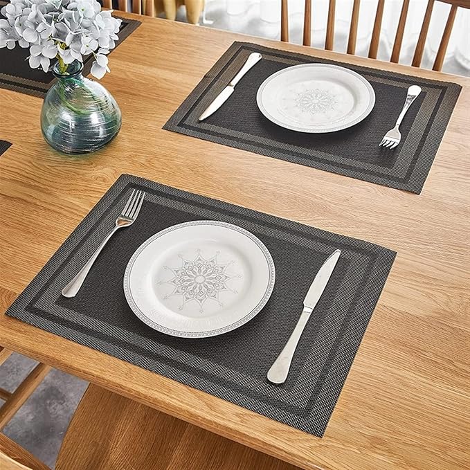 Woven PVC Placemats for Dining Table Set of 1/4/6 Heat Stain Slip Washable Kitchen Table Mats Classic(Hui Gold,6 pcs 45x30cm)