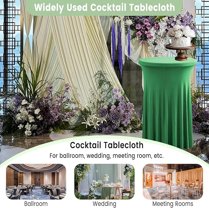 Qubjus 2 Pack Round Cocktail Table Covers with Skirt Stretch Spandex Tablecloth 24"x43" Cocktail Round Tablecloth for Party Wedding Birthday Banquet, Green
