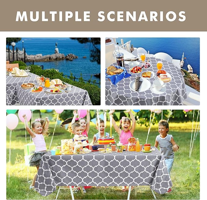 Nasitos 2 Pack Plastic Vinyl Tablecloth with Flannel Backed 60x120 Inch Moroccan Grey
