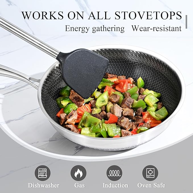 Vinchef Stainless Steel Wok Pan with Glass Lid 12 Inch, Honeycomb Nonstick Stir Frying Pan Induction Compatible and Dish Washer Safe