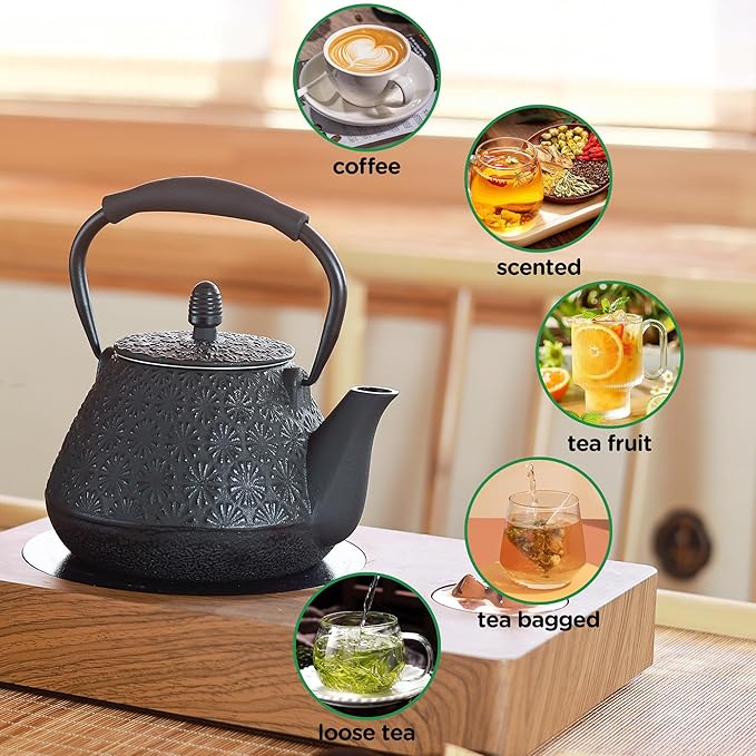 Cast Iron Teapot, 32oz Japanese Sakura Blossom Pattern Tea Kettle, Stovetop Safe, Infuser for Loose Leaf & Coffee, Silicone Handle, Enamel Interior, 950ml Black