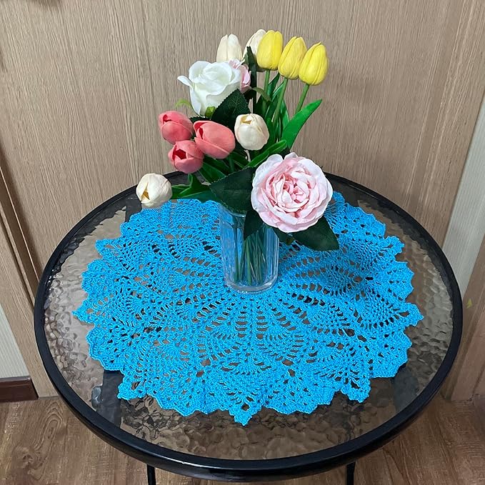 BIBITIME Lace Tablecloth Doily Handmade Crochet Placemat Women Vase Mat Kitchen Table Runner (2PCS- 18 in to 20 in, Bright Lake Blue)