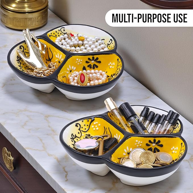 Ceramic Chip & Dip Bowl 7.5”, 3-Compartment Divided Serving Dish & Condiment Tray for Appetizers – Handmade in Spain, Lead-Free Glaze, Microwave, Oven & Dishwasher Safe