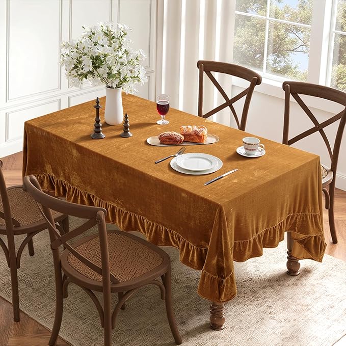 MIULEE Velvet Table Cloth with Decorative Ruffle Edge Luxurious Soft Washable Rectangular Tablecloth Thick Wrinkle-Resistant Oblong Table Cover for Kitchen Dining Party Wedding 60x120 Inch, Gold