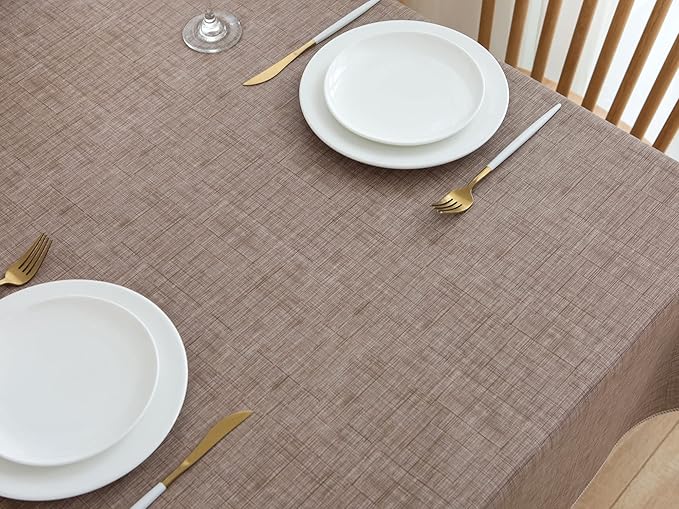 Pioggia Vinyl Tablecloth with Flannel Backing Rectangle Waterproof Oil-Proof Plastic Table Cloth Wipeable PVC Table Cover for Indoor and Outdoor (Linen, 60 x 84 Inch)
