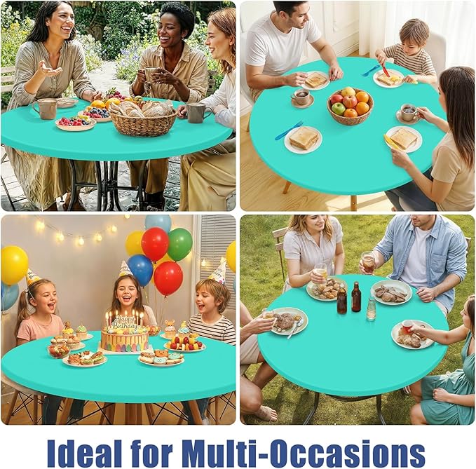 Round Spandex Tablecloth, Elastic Fitted Waterproof Tablecloths for 18"-24" Tables, Stretch Washable Picnic Table Cover for Camping, Dining, Indoor and Outdoor,Aqua Blue