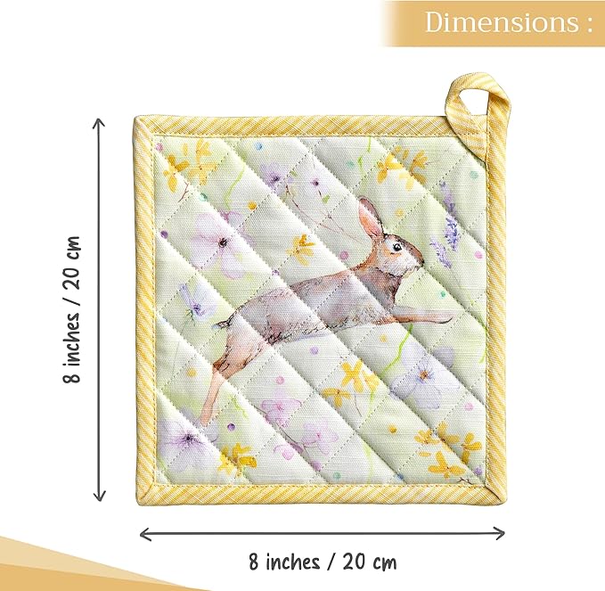 Maison d' Hermine Pot Holders Set 100% Cotton Heat Resistant Potholders 8" x 8" Hot Pads with Loop BBQ, Cooking, Baking, Grilling, Kitchen, Handling Hot Pans Spring/Summer (Pack of 2, Easter Zest)