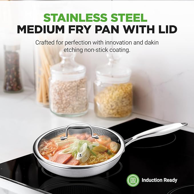 NutriChef 10” Non-Stick Stainless Steel Frying Pan with Lid, Triply Stainless Steel Cookware, Etched Non-Stick Coating, Oven & Induction Safe, Premium Stainless Steel Frying Pan, PFOA/PFOS Free
