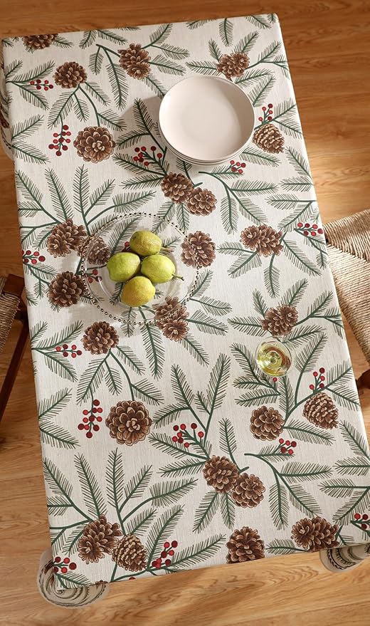 ISAENNE Designer Christmas Beige Linen Square Tablecloth,Pinecones Pattern Indoor Tablecloths,Wrinkle Resistant Decor Table Cloth for Dining Thanksgiving Kitchen Christmas,67"*67"-Carol B