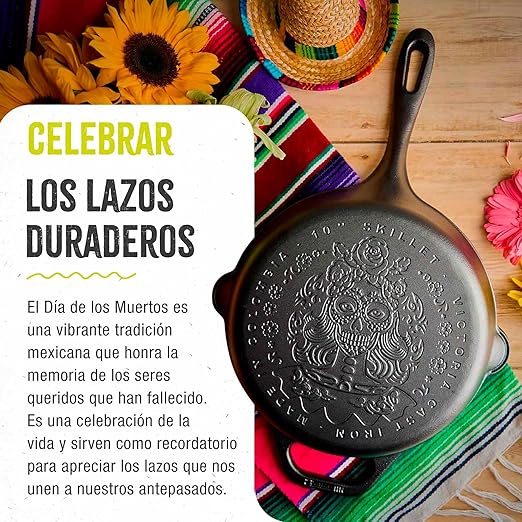 Victoria 10-Inch Day of the Dead La Catrina Cast Iron Skillet, Dia de los Muertos Seasoned Cast Iron Frying Pan with Long Handle, Made in Colombia