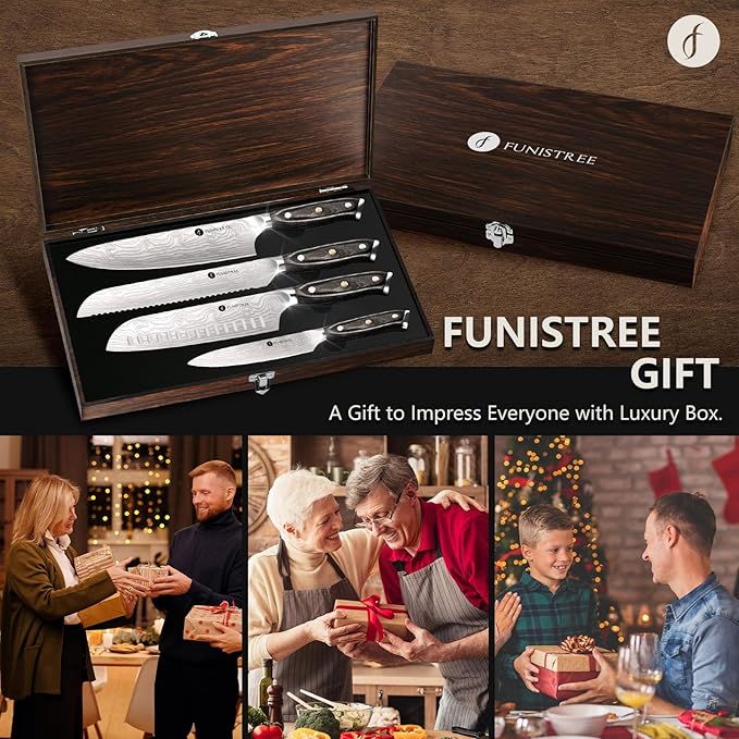 4 Pieces Professional Kitchen Knife Set, Damascus German Stainless Steel Chef Knife Set With Wooden Box, 8" Chef Knife, 5" Utility Knife, 8" Bread Knife, 7" Santoku Knife, Gift for Men Women