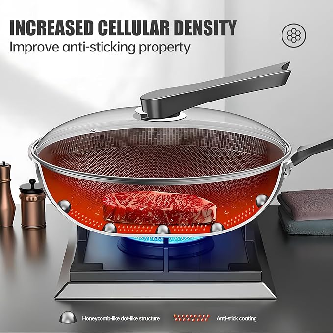 13.4” Stainless Steel Wok Pan with Lid – Honeycomb Non Stick Stir Fry Pan for Induction, Gas, Electric & Ceramic Cooktops – Tri-Ply Deep Frying Wok with Stay-Cool Handle, PFOA-Free