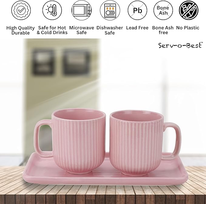 Ceramic Coffee Mugs with Handle Set – 2-Piece 11 Oz Ceramic Coffee Cups & 9" Tray, Handmade Pastel Pink Color, Microwave Safe Gift Set for Tea Lovers, Home Kitchen Décor