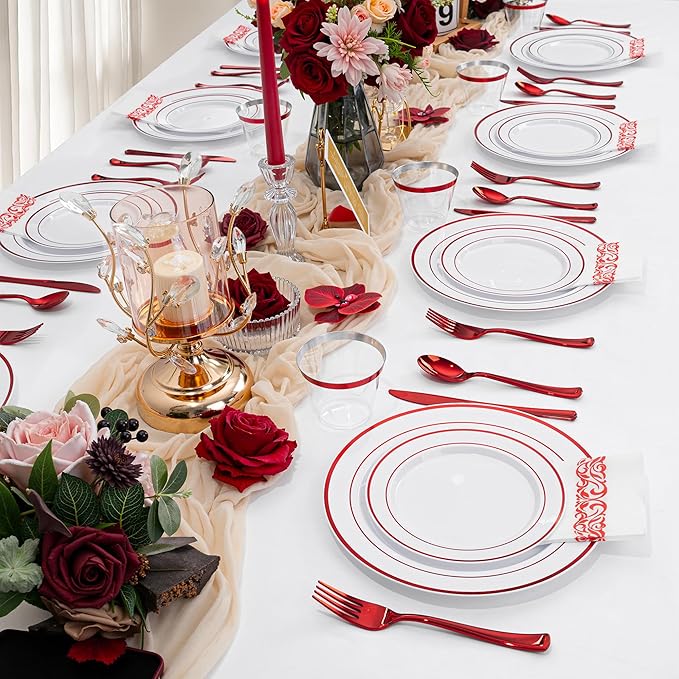 WELLIFE 700 Pcs Red Plastic Plates for 100 Guests - Plastic Dinnerware Set,Party Supplies Includes 200 Red Disposable Plates,300 Silverware,100 Napkins,100 Cups,Valentines Plates