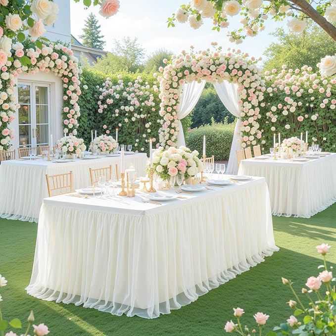 6 Pack 8ft Ivory Tulle Tablecloths for Rectangle Tables 8 Foot Ivory Rectangular Table Cloth Wrinkle Free Table Cover with Tutu Skirt for Wedding Baby Shower Birthday Party Banquet Buffet Cake
