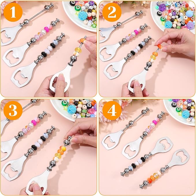 6 Pcs Beadable Beer Opener Metal DIY Bead Bottle Openers Reusable Bottle Opener Decorative Silver Flat Beer Bottles Openers for Crafts Birthday Wedding Christmas Bar Party Favor