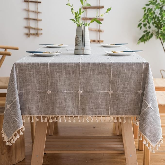 Pahajim Rustic Linen Tablecloth Cotton Rectangle Table Cloth for Kitchen Dining with Tassel Plaid Waterproof Tablecloths Rectangle/Oblong,55''x94'', 6-8 Seats