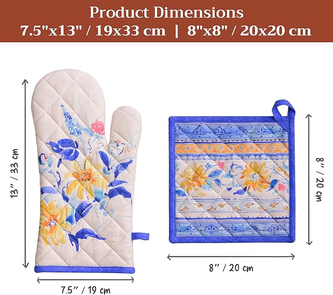 Maison d' Hermine 100% Cotton Oven Mitt & Pot Holder Set (7.5"x13" & 8"x8") Heat Resistant BBQ Cooking Gloves with Loop, Baking, Grilling, Kitchen, Handling Hot Pans Spring/Summer (Girassol)