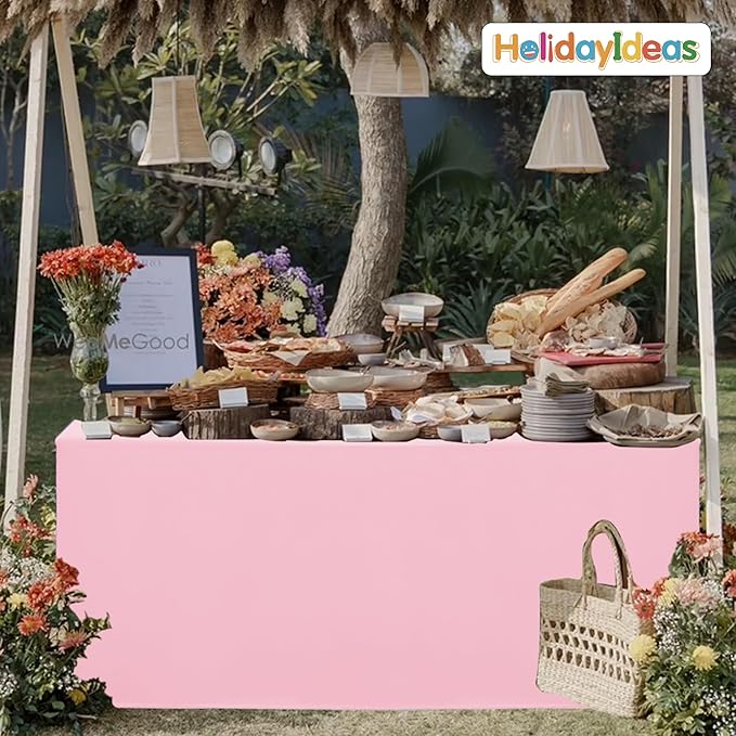 HolidayIdeas Fitted Tablecloths for 8 Foot Rectangle Table, Wrinkle Resistant Washable Table Cover 30x96 Inch for Vendor Booth Display, Banquet, Trade Show, Pink, 4 Pcs
