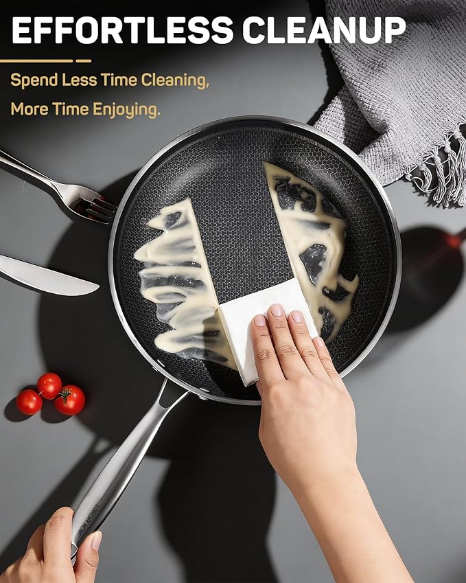 Stainless Steel Nonstick Frying Pan, Hybrid Ceramic 12-Inch Frying Pans, Stay-Cool Handle, PFAS & PFOA PTFE Free, Dishwasher & Oven Safe, Scratch-Resistant, Compatible with Induction & All Cooktops