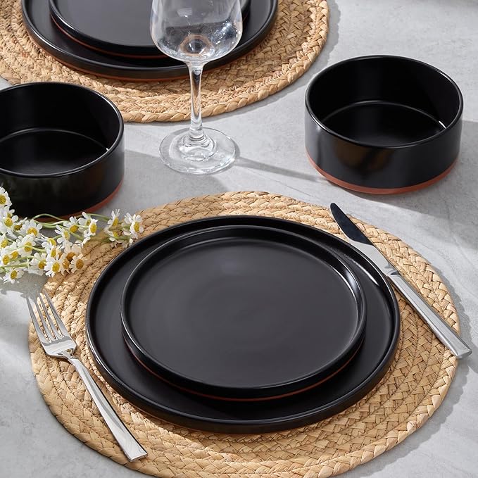 LIANYU Plates and Bowls Sets, 18 Pieces Stoneware Dinnerware Set for 6, Modern Kitchen Dinner Set Ceramic Dishware Dishes Set, Microwave and Dishwasher Safe, Charcoal Black