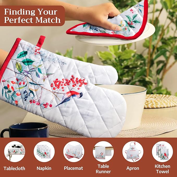 Maison d' Hermine Oven Gloves 100% Cotton Oven Mitt 7" x 13" with Loop Heat Resistant BBQ Cooking Gloves for Thanksgiving Christmas Decorations Baking Handling Hot Pans (Pack of 1, Morzine)