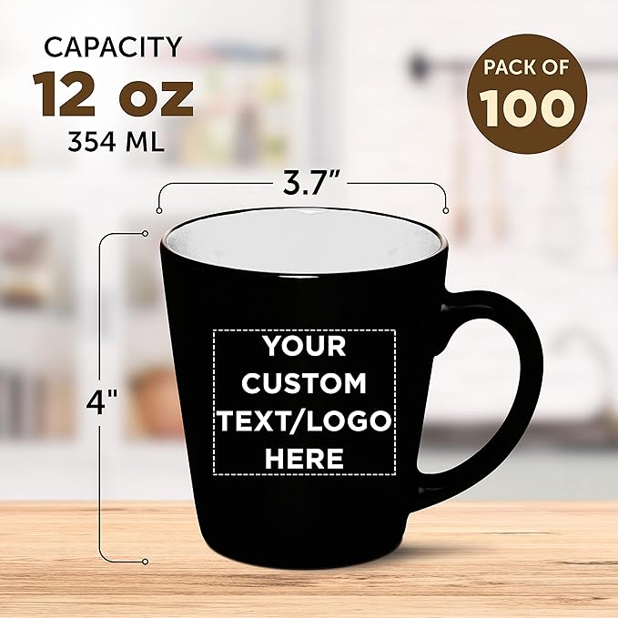 Custom Ceramic Coffee Latte Mugs 12 oz. Set of 100, Personalized Bulk Pack - Perfect for Coffee, Tea, Espresso, Hot Cocoa, Other Beverages - White