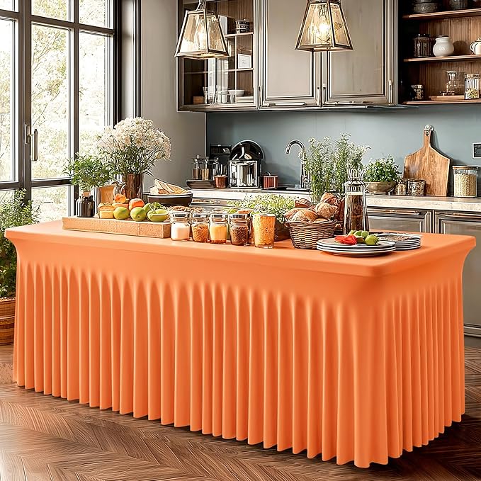 6 Packs Orange Spandex Tableclothes for 6 Foot Rectangle Table, Spandex Table Covers 6FT Stretch Table Skirts Rectangle Wrinkle Free Fitted Tablecover for Event, Wedding, Banquet & Parties