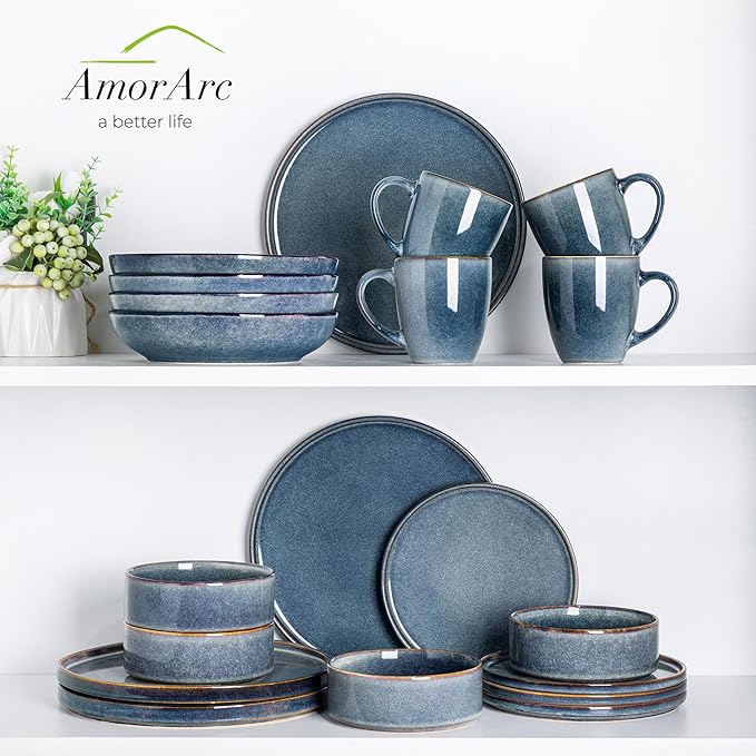 AmorArc Ceramic Dinnerware Sets, Handmade Reactive Glaze Stoneware Plates and Bowls Sets,Highly Chip and Crack Resistant | Dishwasher & Microwave Safe Dishes Set, Service for 4 (12pc)