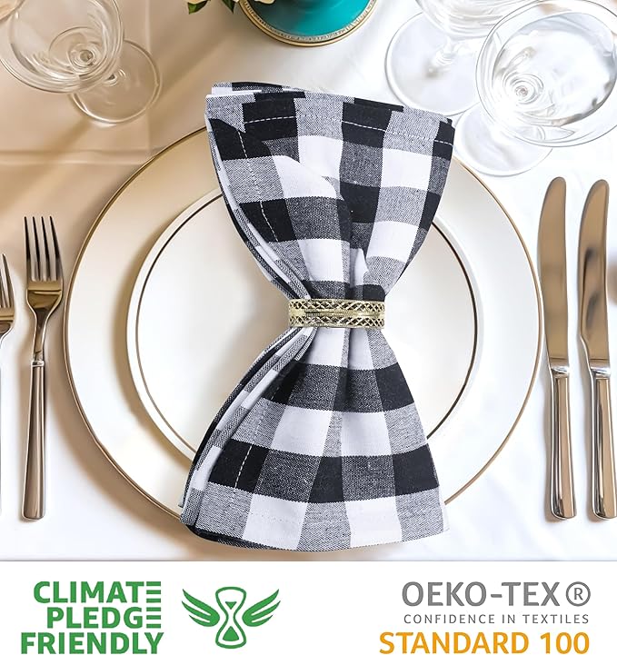 Urban Villa Cotton Dinner Napkins Set of 6, Highly Absorbent 20x20 Inches Premium Cloth Napkins Hotel Quality Reusable & Washable Table Dinner Napkins For Home & Weddings - Black/White, Buffalo Checks