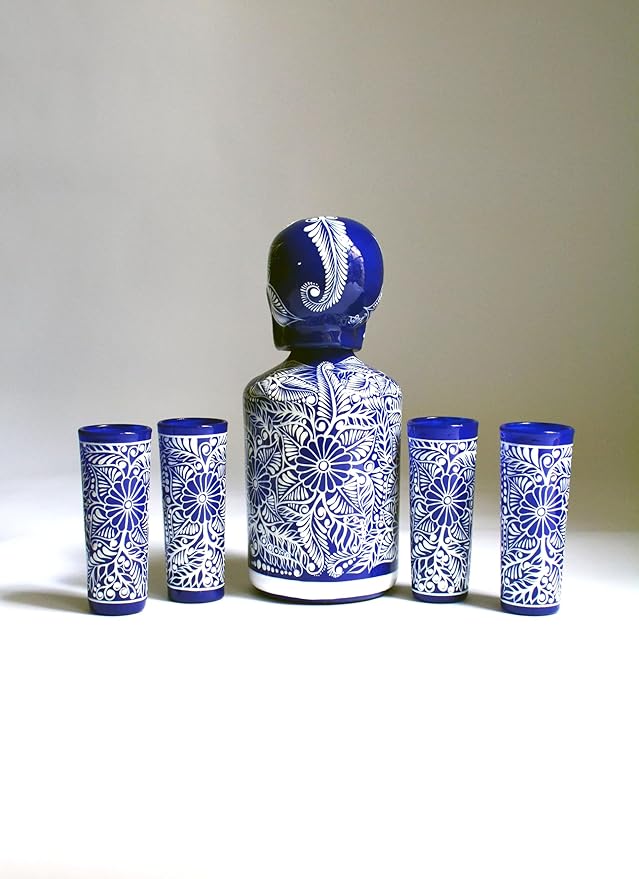 Tequila Decanter Set, Liquor Decanter with Shot Glasses and Mexican Sombrero, Hand-painted Decanter, Skull Decanter, Bar Decoration, Unique Tequila Gift, Gift For Dad (Blue Decanter Set)