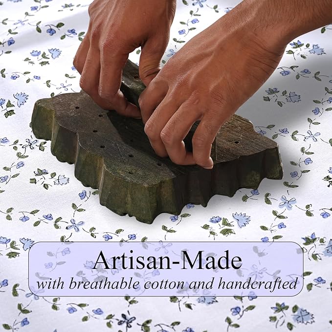 Ridhi Hand Block Print Powder Blue Rectangle Cotton Tablecloth 118" x 70" Reusable Table Cover Decorative Everyday Use for Dining, Farmhouse, Home Gift for Spring, Easter, Valentine