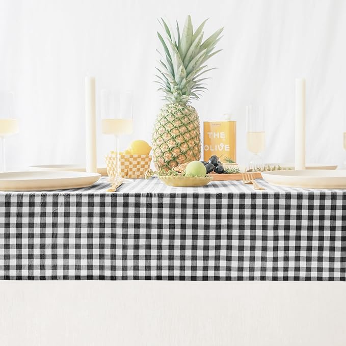 MONDAY MOOSE Gingham Checkered Farmhouse Rustic Picnic Style Decoration Rectangle Natural Stonewashed Cotton Tablecloth for Kitchen, Dining Room, Restaurant (55x70 inch, Black/White)