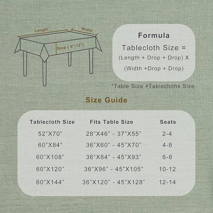 TOSMO 100% French Linen Tablecloth, Washable Farmhouse Rectangle Table Cloth for Kitchen, Dining, Party, Cocktail, Indoor and Outdoor Daily Use(52''x70'',Sage Green)