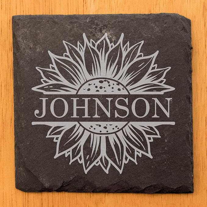 Personalized Monogram Family Coasters, Natural Stone Set, Birthday, Wedding, Customized, Rustic - Square Slate - Set of 4