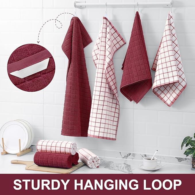 Homaxy Premium Cotton Kitchen Towels 16"x 28", Large Natural Ring Spun 390 GSM Dish Towels, Super Absorbent Terry Kitchen Hand Towels, Soft Tea Towels with Hanging Loop, Red Check Design,6 Pack