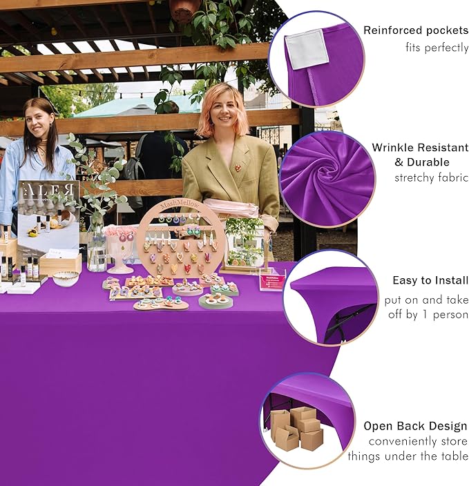 Nasitos 2 Pack Spandex Purple Tablecloths for 6 Foot Rectangle Table-Open Back Valentines Stretch Table Cloths for 6 Foot, Washable and Wrinkle Resistant for Wedding, Parties, Buffet, Baby Shower