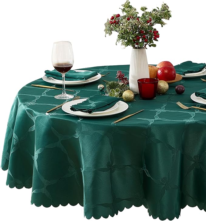 Newbridge Round Tablecloth, 70 Inch, Spring and Easter Ribbons and Bows Damask, Wrinkle and Stain Resistant Fabric Table Cloth, Holiday Evergreen