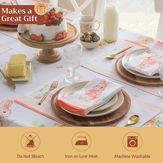 Maison d' Hermine Cloth Napkins Set of 4 100% Cotton Everyday Reusable Square Napkins Cloth Washable Dinner Party Wedding Restaurant Valentines Day Decorations Spring/Summer (Bunny Party, 20" x 20")