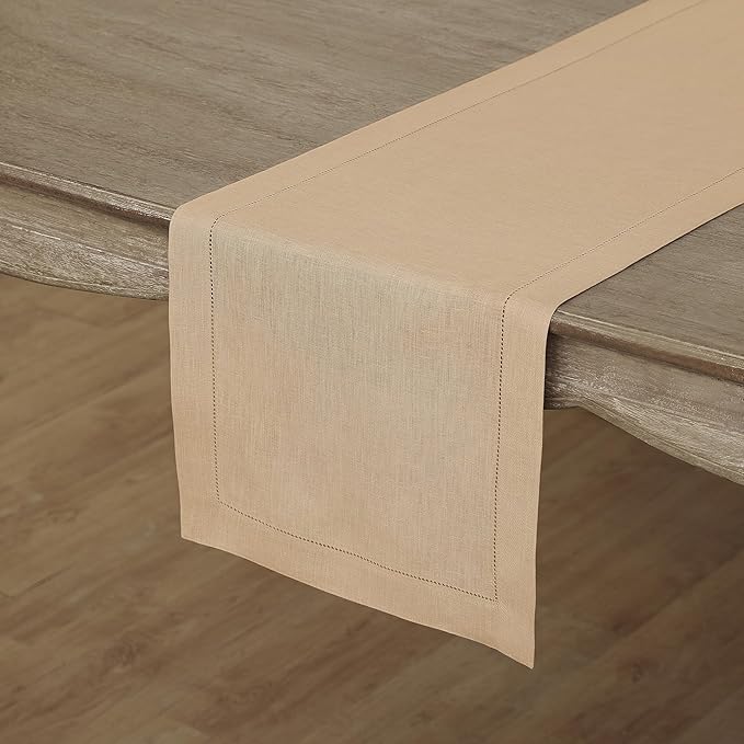 Solino Home Linen Hemstitch Table Runner 48 Inches - 100% Pure Linen Beige Table Runner 14 x 48 Inch Ideal for Dresser and Coffee Tables - Spring, Easter - Classic Hemstitch