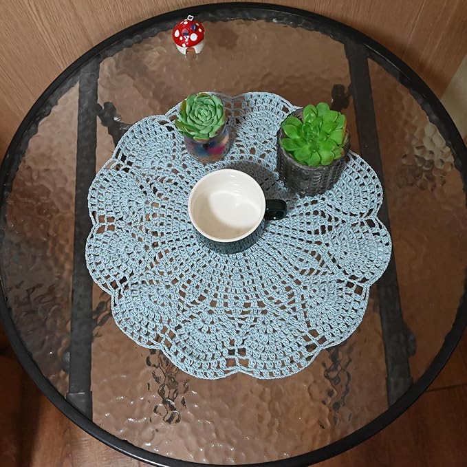 BIBITIME Round Flower Lace Doilies Vase Mats Kitchen Tablecloth Dish Plate Mat Handmade Crochet Table Doily Placemats (Light Blue, 11.8 in to 13.8 in,2PCS)
