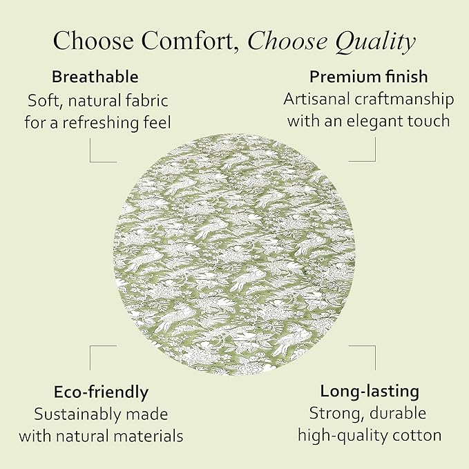 CPC Round Tablecloth- Cotton Indian Block Print Tablecloth -Handmade Printed Washable Cotton Table Cloth - Spring/Summer, Wedding Table Cover - Olive Green 132 Inch
