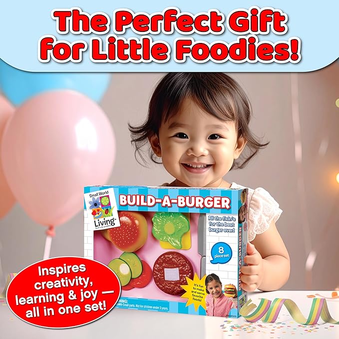 Small World Toys Build-A-Burger Play Food Set – Pretend Play Food Set for Kids – Toy Kitchen Accessories Pretend Food Burger Toy Hamburger – Birthday Gift for Kids 3+
