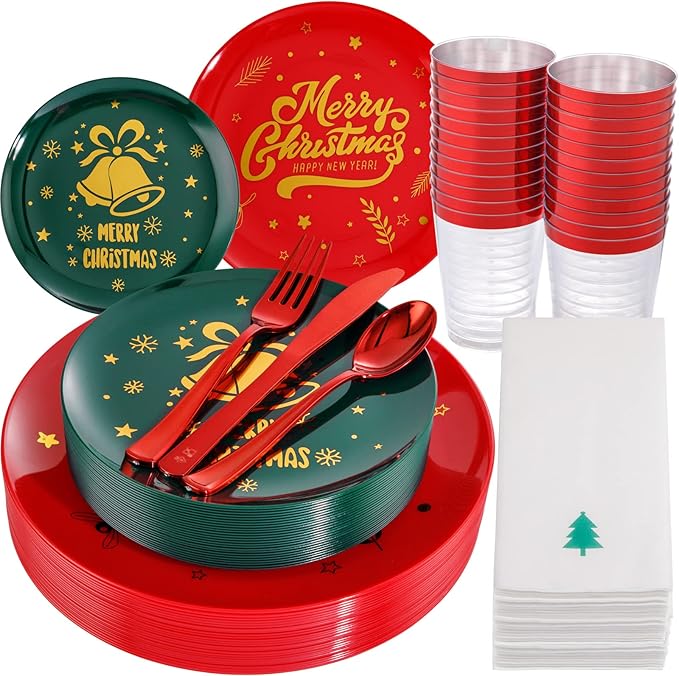 WDF 175pcs Christmas Plates Plastic Disposable - 25Green Plates 25Red Plates with Gold Bells, 75Red Plastic Silverware, 25Clear Cups Red Rim and 25Christmas Tree Napkins for Parties