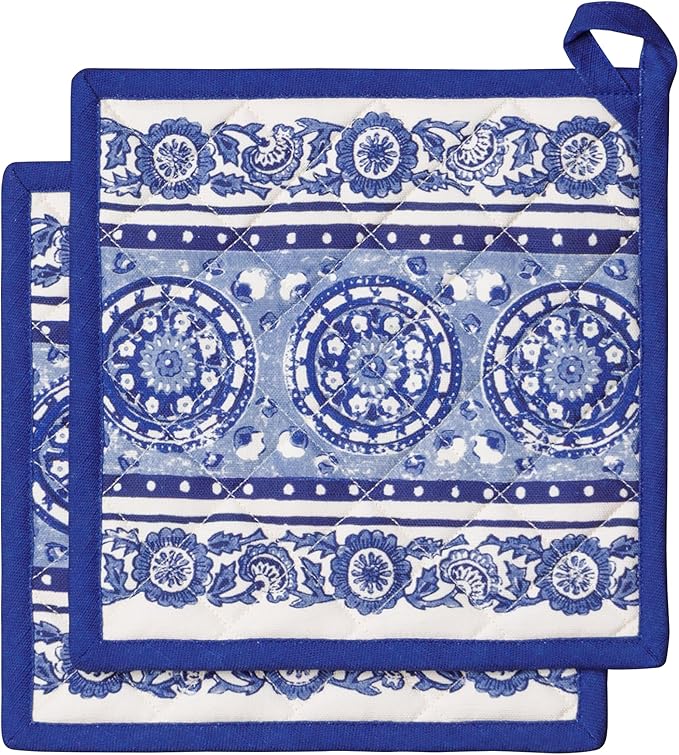 Maison d' Hermine Pot Holders Set 100% Cotton Heat Resistant Potholders 8" x 8" Hot Pads with Loop BBQ, Cooking, Baking, Grilling, Kitchen, Handling Hot Pans Spring/Summer (Pack of 2, Melodie Bleue)
