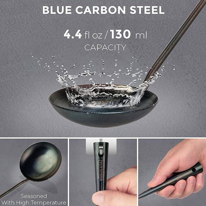 YOSUKATA Blue Round Bottom Wok Pan 14" + Wok Lid 13.6 Inch - Stainless Wok Cover with Tempered Glass Insert Steam Holes + Blue Carbon Steel 17-inch Wok Spatula, Wok Ladle, 3 pairs of Chopsticks