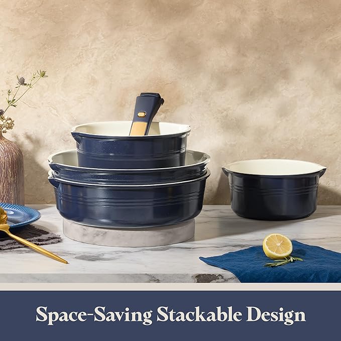 CAROTE 20Pcs Titanium Cookware Set, Pots and Pans Set Non Stick, Kitchen Cooking Set with Detachable Handle, Non Toxic Induction Cookware, Dishwasher/Oven Safe，Blue