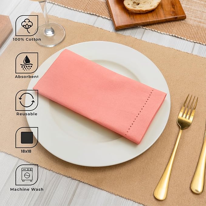 Blue Needles Set of 12 Hemstitch Linen Napkins 100% Cotton Salmon Cloth Dinner Napkins 18x18 inches, Soft, Reusable, Absorbent, Washable, Ideal for Wedding Events, Parties & Everyday Use