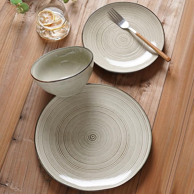famiware Tempus Plates and Bowls Sets for 8, 24 Pieces Stoneware Dinnerware Sets, Dishes Set, Reactive Glaze Dishware Sets, Dishwasher & Microwave Safe - Castle Wall