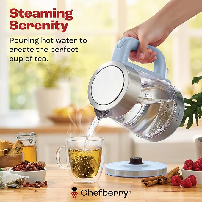 Electric Kettle for Boiling Hot Tea & Water | 1.7L Stainless Steel Borosilicate Glass Boiler With No Plastic, Automatic Shutoff, BPA Free, Fast Heating Technology (Blue)